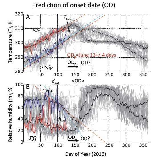 Fig.1 3. Prediction of onset date (OD): case study 2016. Air temperature at 1000 hPa (A); relative humidity at 1000 hPa (B). Time series fromreference points (NCEP/NCAR data): previous 14 year mean (black) and 2016 values for NP (blue) and the EG (red). Grey lines show time seriesfrom the NP and EG for the training period of previous 14 years. Saturation temperature Tsat (A) and saturation humidity rhsat (B) are marked byhorizontal black solid lines (Tsat = Tonset, Tonset and rhsat calculated as intersection of mean time series for the training period from the EG andNP) and day of the saturation (dsat) (when temperature in the EG in 2016 reaches Tsat)—with dark blue. Orange lines indicate trends to the meantime series in the NP and EG for the training period, light blue—trends for 2016. Black solid lines indicate mean values of the OD (< OD>) forthe training period. Dotted grey line corresponds to the predicted onset (ODp).