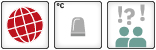 Drei Icons: 1. Globales Kern Kippelement: Globus-Icon, alle Planquadrate eingefärbt; 2. Schwellenwert: eine graue Warnleuchte ; 3. Mittlere wissenschaftliche Sicherheit: Icon mit zwei menschlichen Figuren und zwei Ausrufezeichen, einem Fragezeichen