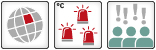 Drei Icons: 1. Regionales Kippelement: Globus-Icon mit einem eingefärbten Planquadrat; 2. Schwellenwert: Drei rote Warnleuchten; 3. Hohe wissenschaftliche Sicherheit: Icon mit drei menschlichen Figuren und vier Ausrufezeichen