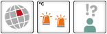 Drei Icons: 1. Regionales Kippelement: Globus-Icon mit einem eingefärbten Planquadrat; 2. Schwellenwert: Zwei orangene Warnleuchten; 3. Geringe wissenschaftliche Sicherheit: Icon mit einer menschlichen Figure und einem Ausrufezeichen, einem Fragezeichen