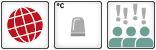 Drei Icons: 1. Globales Kern Kippelement: Globus-Icon, alle Planquadrate eingefärbt; 2. Schwellenwert: eine graue Warnleuchte; 3. Hohe wissenschaftliche Sicherheit: Icon mit drei menschlichen Figuren und vier Ausrufezeichen