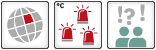 Drei Icons: 1. Regionales Kippelement: Globus-Icon mit einem eingefärbten Planquadrat; 2. Schwellenwert: Drei rote Warnleuchten; 3. Mittlere wissenschaftliche Sicherheit: Icon mit zwei menschlichen Figuren und zwei Ausrufezeichen, einem Fragezeichen