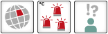 Drei Icons: 1. Regionales Kippelement: Globus-Icon mit einem eingefärbten Planquadrat; 2. Schwellenwert: Drei rote Warnleuchten; 3. Geringe wissenschaftliche Sicherheit: Icon mit einer menschlichen Figure und einem Ausrufezeichen, einem Fragezeichen