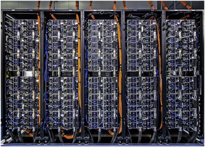 Five racks of the direct water cooled IBM NeXtScale Cluster installed at PIK in summer 2015 viewed from the back.