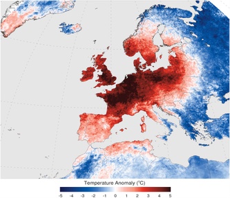 Heatwave July 2006: land surface temperature anomaly wrt 2000-2012 (derived from Modis Terra, creative commons).