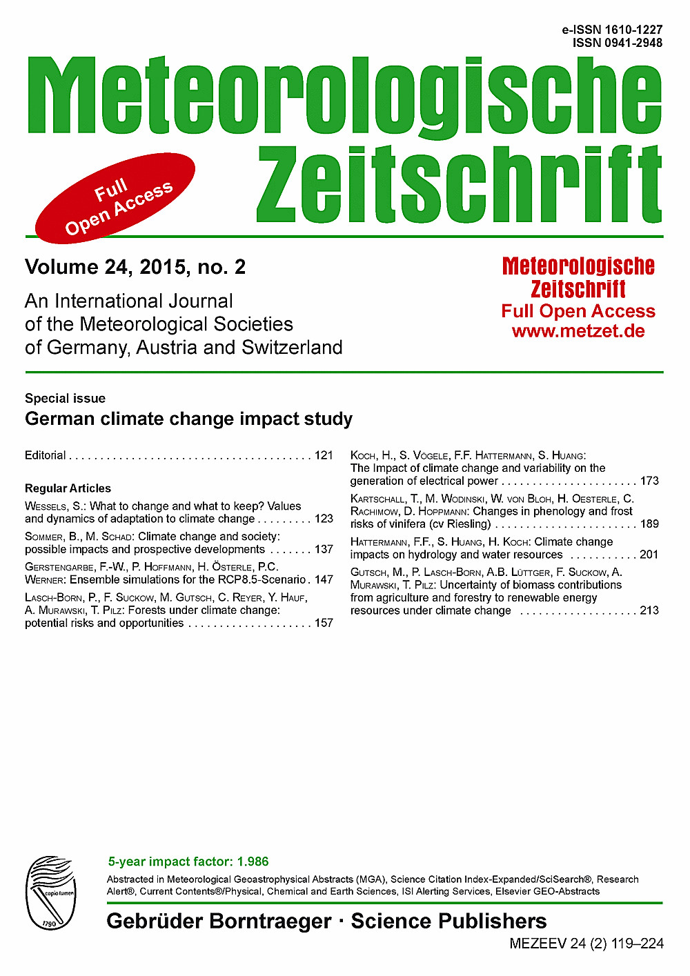 Meteorologische Zeitschrift 24/2 - Special Issue German Climate Change Impact Study - published