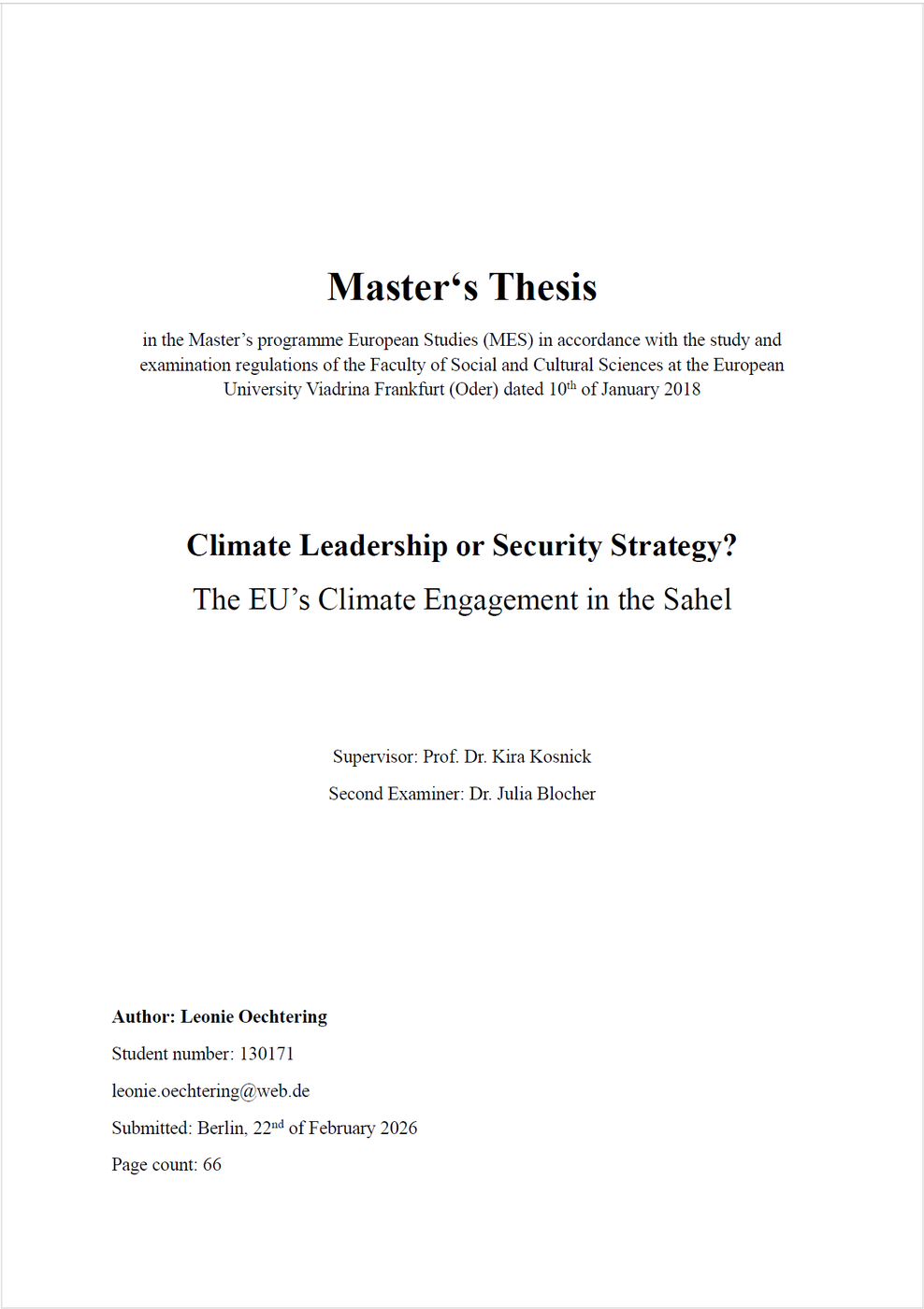 Climate Leadership or Security Strategy? A Master’s Thesis on the EU’s Climate Engagement in the Sahel