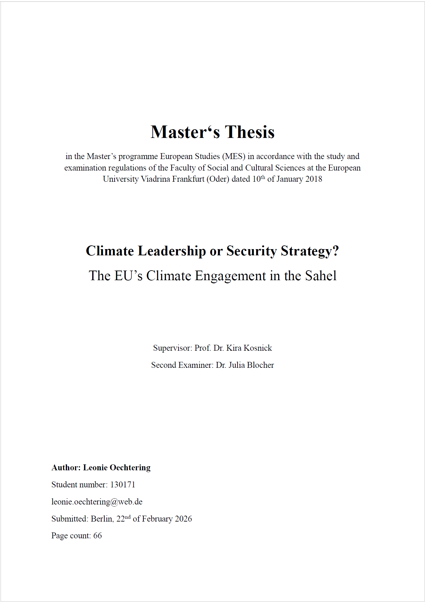 Climate Leadership or Security Strategy? A Master’s Thesis on the EU’s Climate Engagement in the Sahel