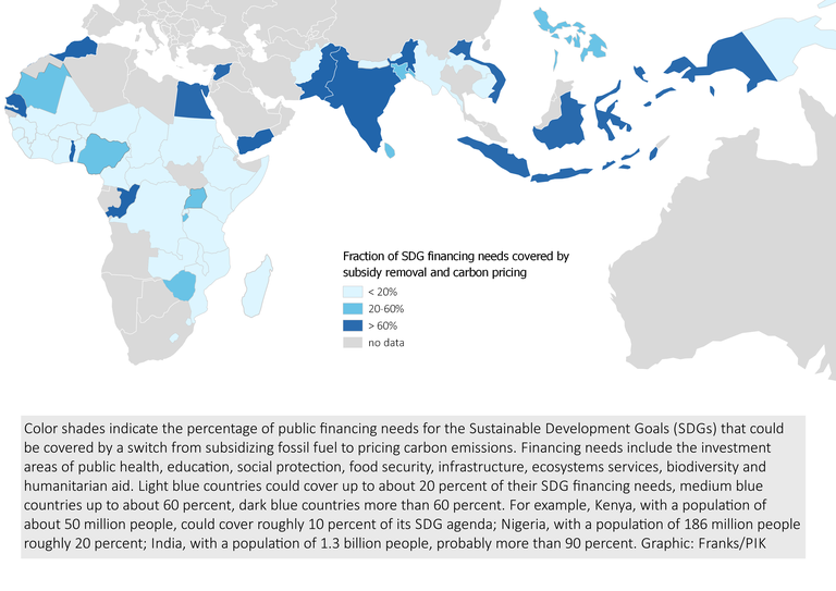 Article: Max Franks, Kai Lessmann, Michael Jakob, Jan Christoph Steckel, Ottmar Edenhofer (2018): Mobilizing Domestic Resources for the Agenda 2030 via Carbon Pricing. Nature Sustainability [DOI: 10.1038/s41893-018-0083-3]See press release: https://www.pik-potsdam.de/news/press-releases/flipping-the-switch-making-use-of-carbon-price-dollars-for-health-and-education