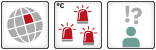 Three  icons: 1. Regional Tipping element: Icon of a globe with one colored square; 2. Threshold: Threshold: Three red flashlights; 3. Low confidence: Icon with one humone an figure and exclamation mark, one question mark