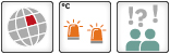 Three  icons: 1. Regional Tipping element: Icon of a globe with one colored square; 2. Threshold: Two orange flashlights; 3. Medium confidence: Icon with two human figures and two exclamation marks, one question mark