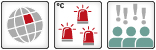 Three  icons: 1. Regional Tipping element: Icon of a globe with one colored square; 2. Threshold: Threshold: Three red flashlights; 3. High confidence: Icon with three human figures and four exclamation marks