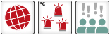 Three  icons: 1. Global Core Tipping element: Icon of a globe with all surface colored; 2. Threshold: Three red flashlights; 3. High confidence: Icon with three human figures and four exclamation marks