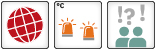 Three  icons: 1. Global Core Tipping element: Icon of a globe with all surface colored; 2. Threshold: Two orange flashlights; 3. Medium confidence: Icon with two human figures and two exclamation marks, one question mark