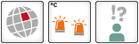 Three  icons: 1. Regional Tipping element: Icon of a globe with one colored square; 2. Threshold: Two orange flashlights; 3. Low confidence: Icon with one humone an figure and exclamation mark, one question mark