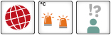 Three  icons: 1. Global Core Tipping element: Icon of a globe with all surface colored; 2. Threshold: Two orange flashlights; 3. Low confidence: Icon with one humone an figure and exclamation mark, one question mark