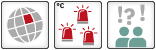 Three  icons: 1. Regional Tipping element: Icon of a globe with one colored square; 2. Threshold: Threshold: Three red flashlights; 3. Medium confidence: Icon with two human figures and two exclamation marks, one question mark