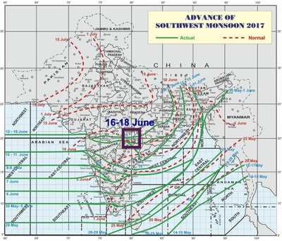 The Map of Advance of Southwest Monsoon across India provided by the Indian Meteorological Department (http://www.imd.gov.in/pages/allindiawxfcbulletin.php)