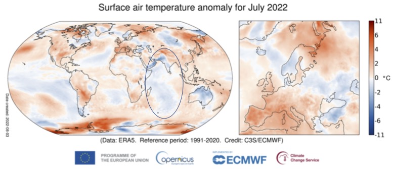Surface air temperature anomaly 2022 Copernicus, Elena Surovyatkina, monsoon forecast, India