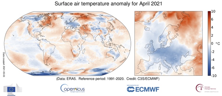  Surface air temperature anomaly for April 2021
