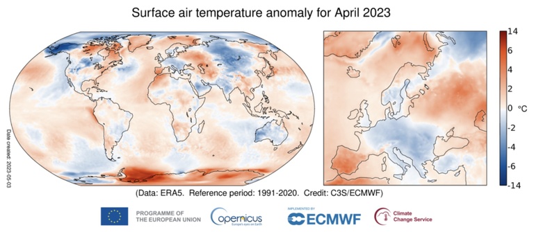 Surface air temperature anomaly for April 2023, Monsoon onset forecast, Elena Surovyatkina